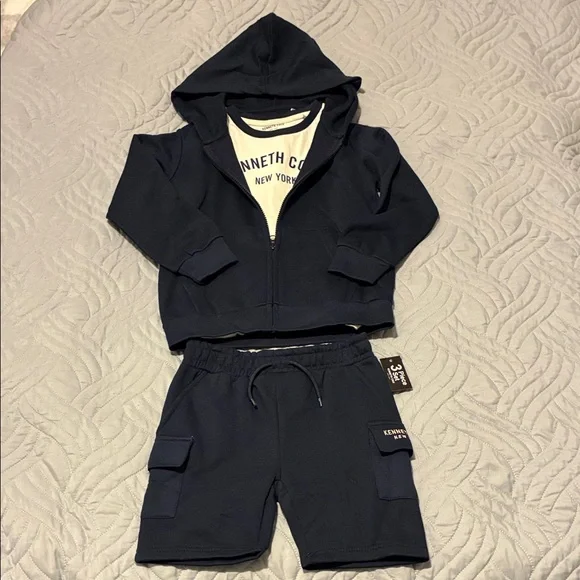 Kenneth Cole Kids Dark Blue Hoodie, Light Blue Sleeve Shirt and shorts. - Picture 9 of 9